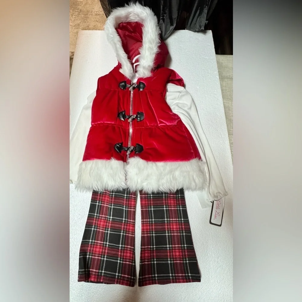 Little Lass 3 Pcs Faux Fur Hooded Jacket & Shirt + Plaid Pants